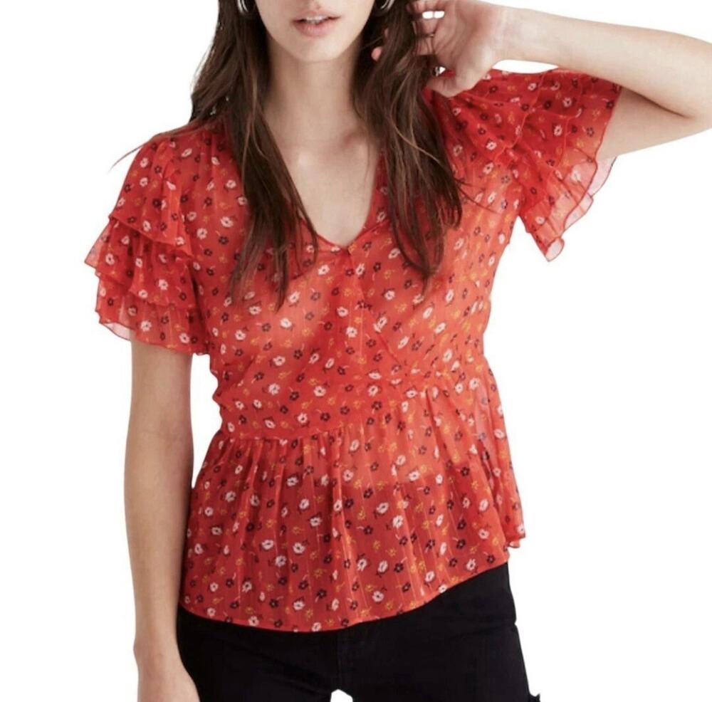 Madewell Tiered Sleeve Peplum Top Metallic Prairie Posies Size 0